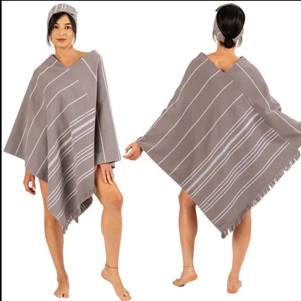 Adult Unisex Gray Striped Poncho Towel & Headband 100% Cotton Turkish Robe NEW